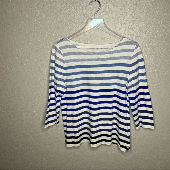 Talbots Striped Navy Blue 3 Quarter Inch Top - Picture 2 of 6